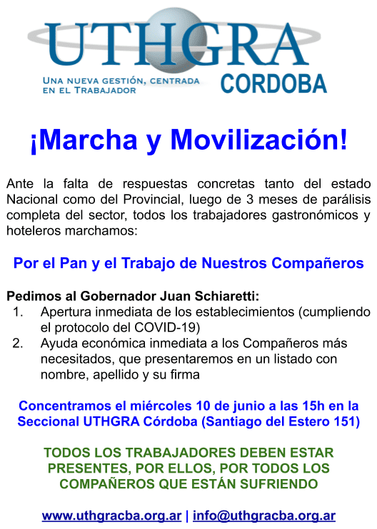 Movilización de los Gastronómicos UTHGRA Córdoba